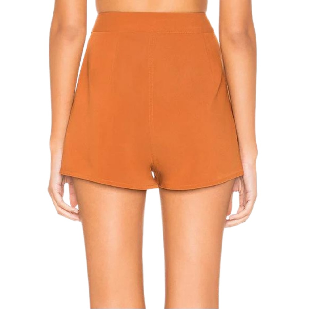 Tularosa Tate Shorts in Rust Burnt Orange High Waist Button Front Silky Shorts - Picture 4 of 15